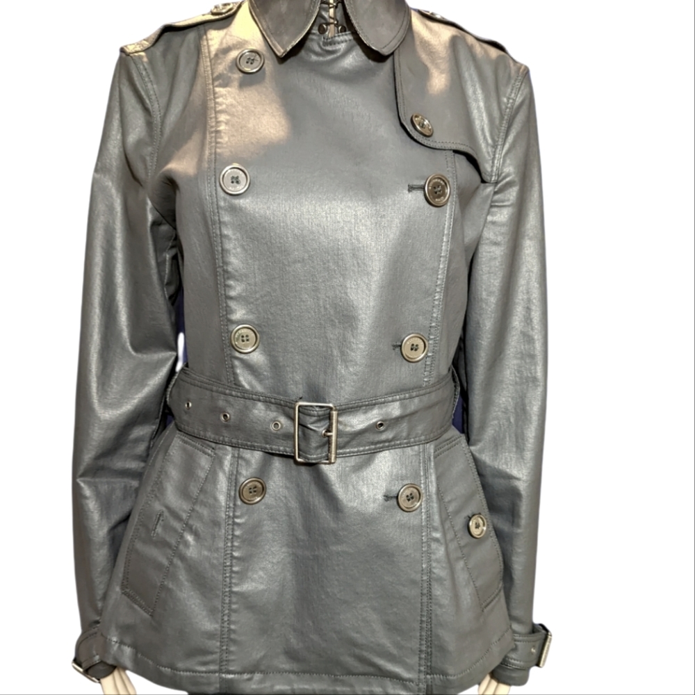 Burberry Brit Leather Coated Charcoal Trench Jacket Sz L